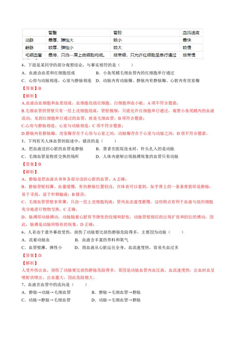 4.4.2血流的管道&mdash;血管（解析版）_初中全科电子版试卷练习试题_生物_生物人教版7下练习_人教生物7年级下课时练习40份_第2套七年级生物下册课时练习（人教版）20份