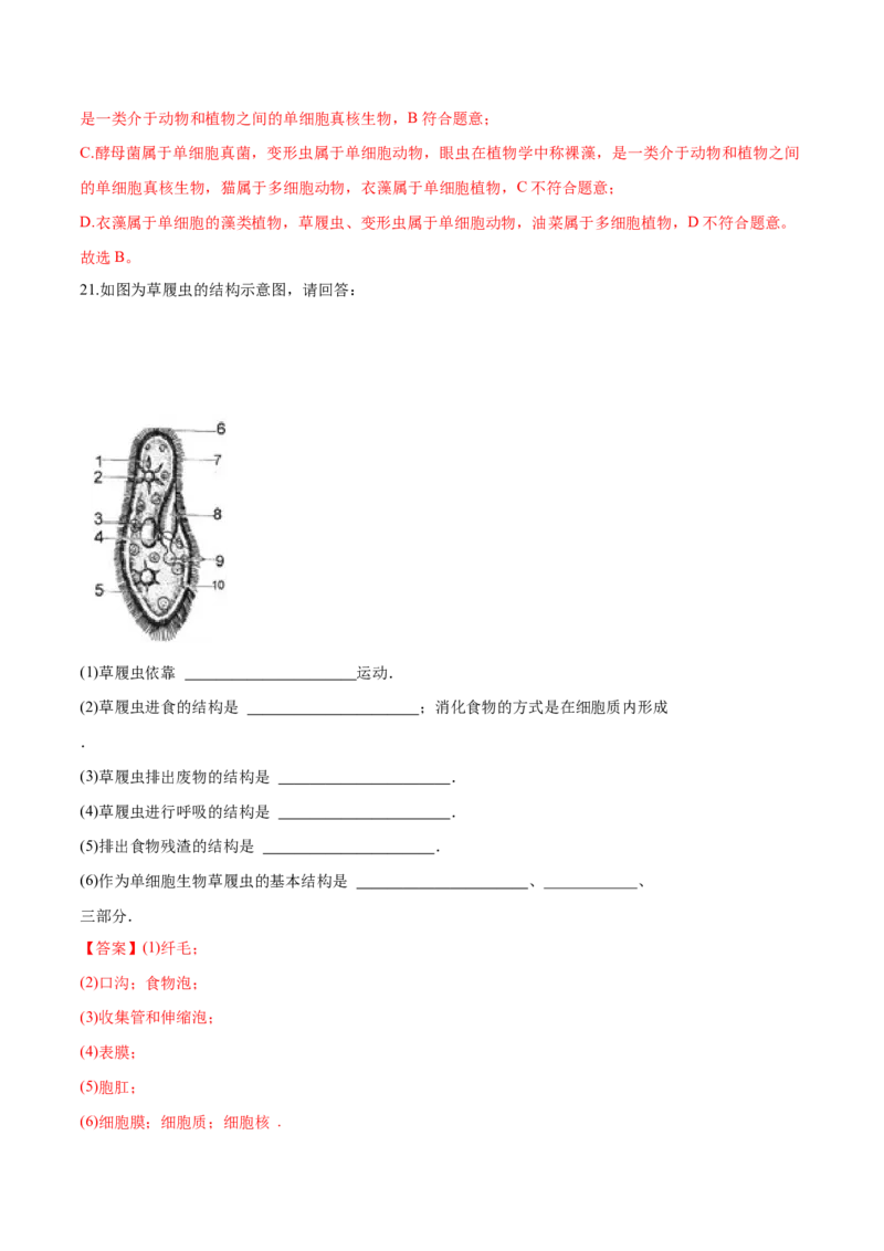专题2.2.4单细胞生物（解析版）_初中全科电子版试卷练习试题_生物_生物人教版7上练习&mdash;24新版已更新_人教生物7年级上课时练习39份_七年级生物上册课时练习（人教版）18份