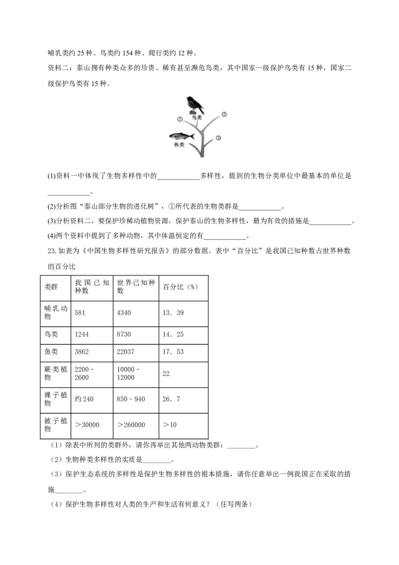 6.2认识生物的多样性（章末检测）（备作业）-（人教版）（原卷版）_初中全科电子版试卷练习试题_生物_生物8上练习_人教生物8年级上单元试卷48份