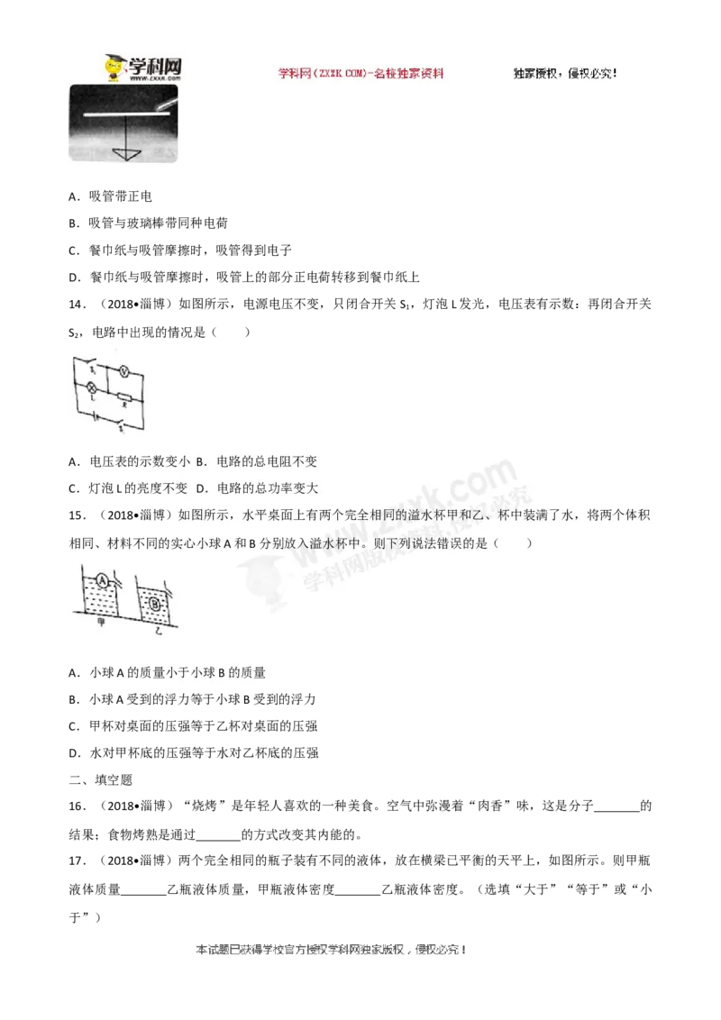 2018山东淄博物理试卷+答案+解析(word整理版)_山东历年中考真题_山东省历年中考真题2013~2024_初中物理历年真题（2013-2024）