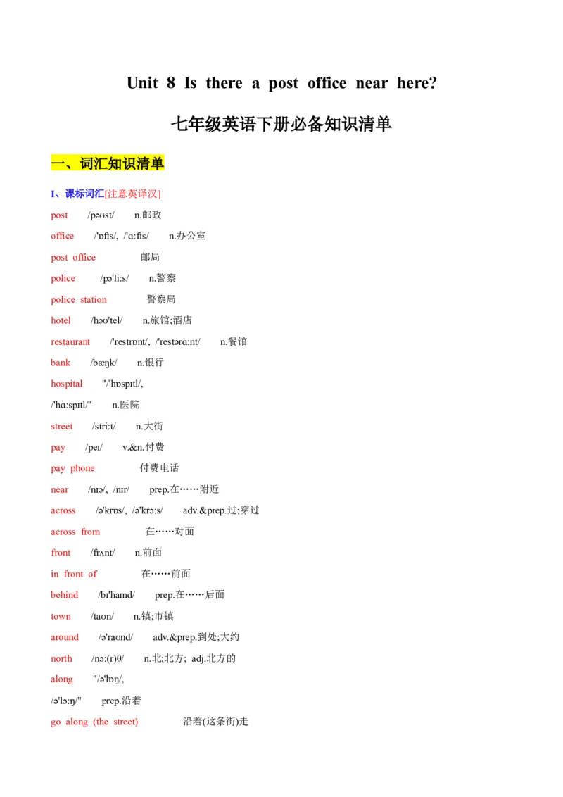 Unit8Isthereapostofficenearhere-七年级英语下册同步必背知识清单（人教版）_初中全科电子版试卷练习试题_英语_7年级下册-初中人教版英语_人教英语七年级下知识总结（012份）