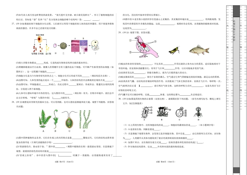 七年级生物期末模拟卷（考试版A3）测试范围：人教版2024七上全册（）_初中全科电子版试卷练习试题_生物_生物人教版7上练习&mdash;24新版已更新_人教生物7年级上期末试卷11份