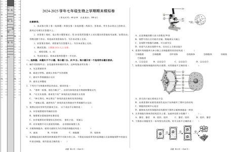 七年级生物期末模拟卷（考试版A3）测试范围：人教版2024七上全册（）_初中全科电子版试卷练习试题_生物_生物人教版7上练习&mdash;24新版已更新_人教生物7年级上期末试卷11份