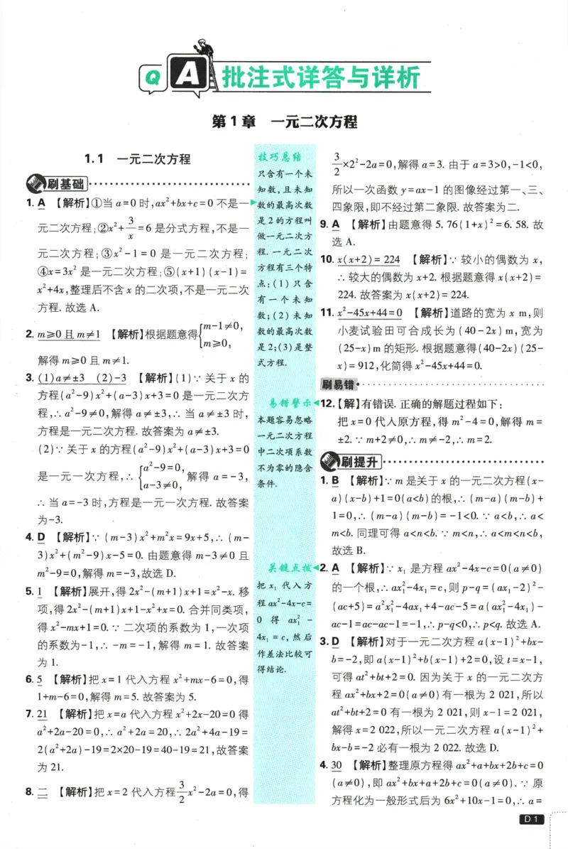 2025版《初中必刷题》数学SK9上-批注式详答与详析_初中全科电子版试卷练习试题_25初中必刷题_2025版《初中必刷题》数学SK9上