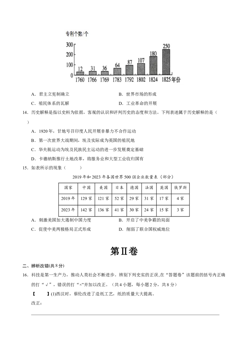 2024年中考押题预测卷01（安徽卷）-历史（考试版）A4_初中全科电子版试卷练习试题_历史_2024中考模拟题历史(1)_押题预测