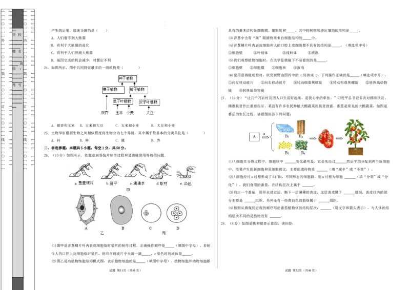 七年级生物期末模拟卷01（考试版A3）测试范围：上册全册（人教版2024）_初中全科电子版试卷练习试题_生物_生物人教版7上练习&mdash;24新版已更新_人教生物7年级上期末试卷11份