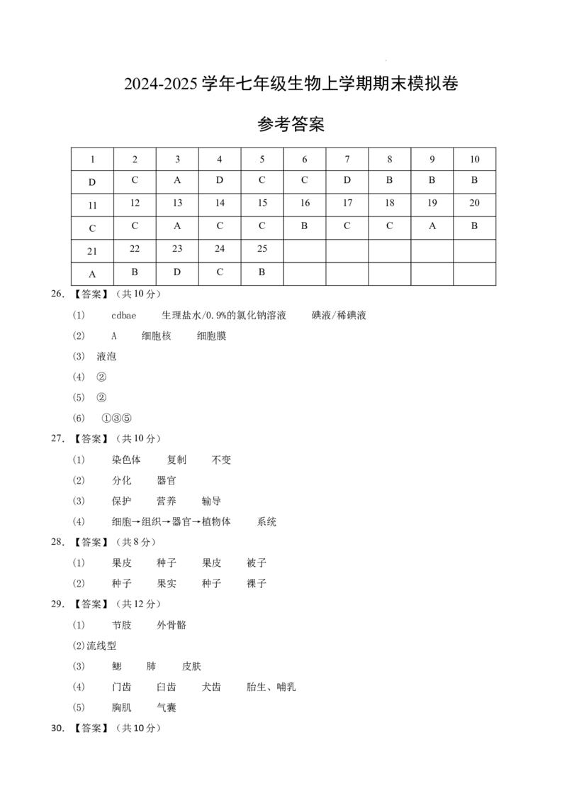 七年级生物期末模拟卷01（参考答案）_初中全科电子版试卷练习试题_生物_生物人教版7上练习&mdash;24新版已更新_人教生物7年级上期末试卷11份