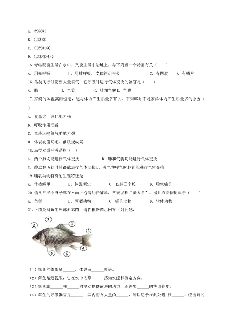 专题02脊椎动物-（人教版）（原卷版）_初中全科电子版试卷练习试题_生物_生物8上练习_人教生物8年级上专项练习23份_第1套八年级生物上册专项（人教版）09份