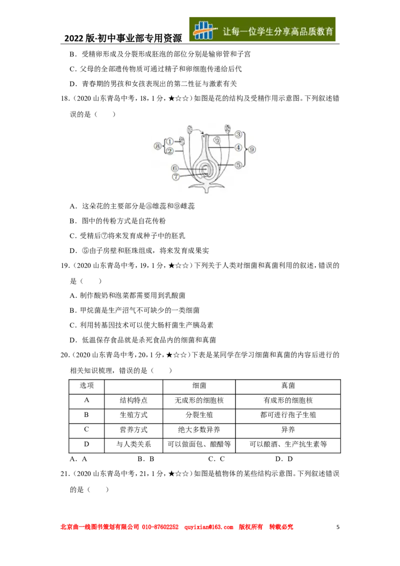 22生物&mdash;&mdash;山东省青岛市word版，含答案全解全析(1)_山东历年中考真题_山东省历年中考真题2013~2024_初中生物历年真题（2013-2024）