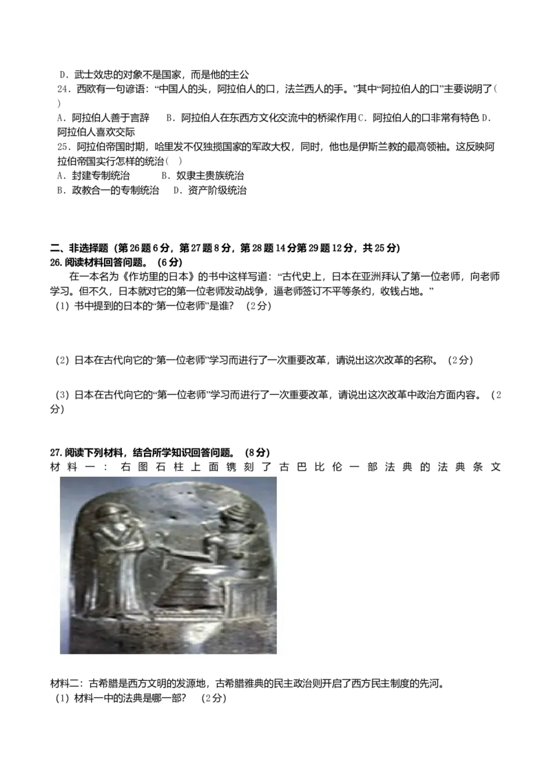 08.期中考试九年级历史试卷_初中全科电子版试卷练习试题_历史_历史人教版9上试卷_部编人教版历史9年级上期中试卷13份
