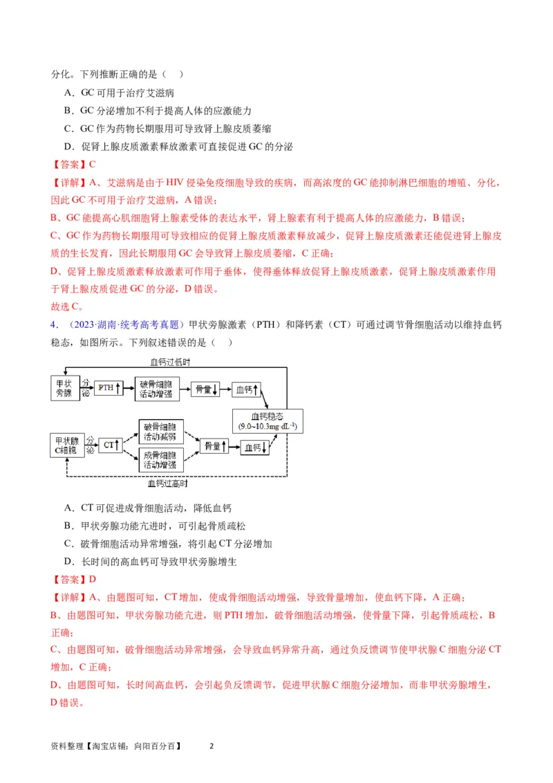 专题15体液调节-学易金卷：五年（2019-2023）高考生物真题分项汇编（全国通用）（解析版）_通用版（老高考）复习资料_2024年复习资料