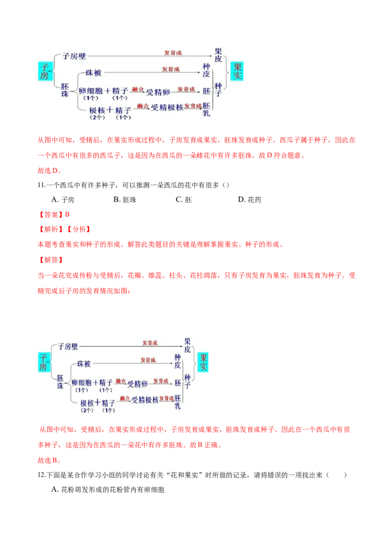 专题3.2.3开花和结果（解析版）_初中全科电子版试卷练习试题_生物_生物人教版7上练习&mdash;24新版已更新_人教生物7年级上课时练习39份_七年级生物上册课时练习（人教版）18份