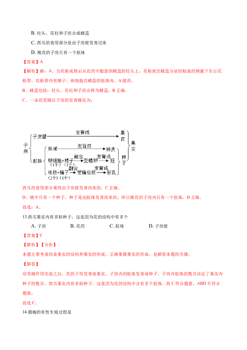 专题3.2.3开花和结果（解析版）_初中全科电子版试卷练习试题_生物_生物人教版7上练习&mdash;24新版已更新_人教生物7年级上课时练习39份_七年级生物上册课时练习（人教版）18份