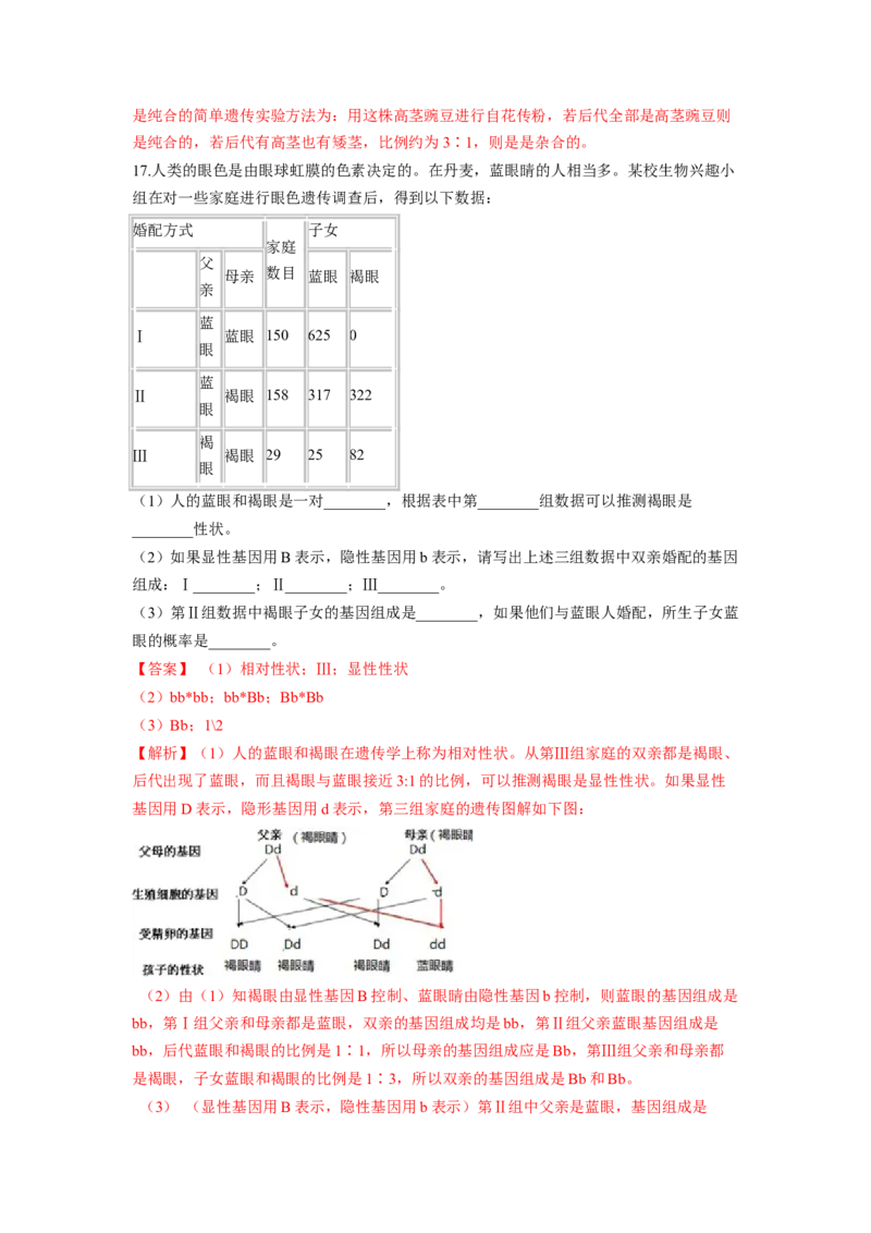 专题05基因的显性与隐性（解析版）-2021-2022学年八年级上学期期末复习之重难点突破（人教版）_初中全科电子版试卷练习试题_生物_生物8上练习_人教生物8年级上专项练习23份