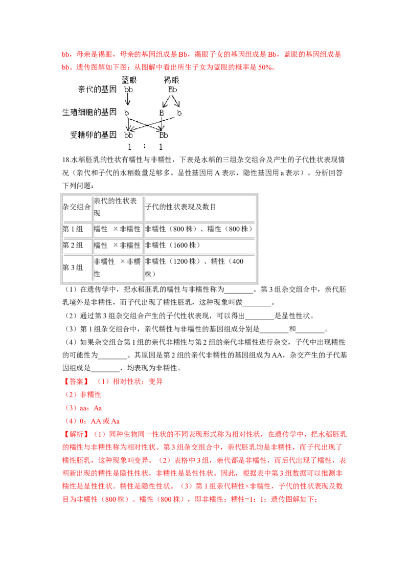专题05基因的显性与隐性（解析版）-2021-2022学年八年级上学期期末复习之重难点突破（人教版）_初中全科电子版试卷练习试题_生物_生物8上练习_人教生物8年级上专项练习23份