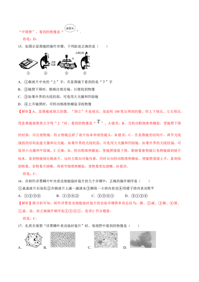 七年级上册人教版期中测试01（解析版）_初中全科电子版试卷练习试题_生物_生物人教版7上练习&mdash;24新版已更新_人教生物7年级上期中试卷07份