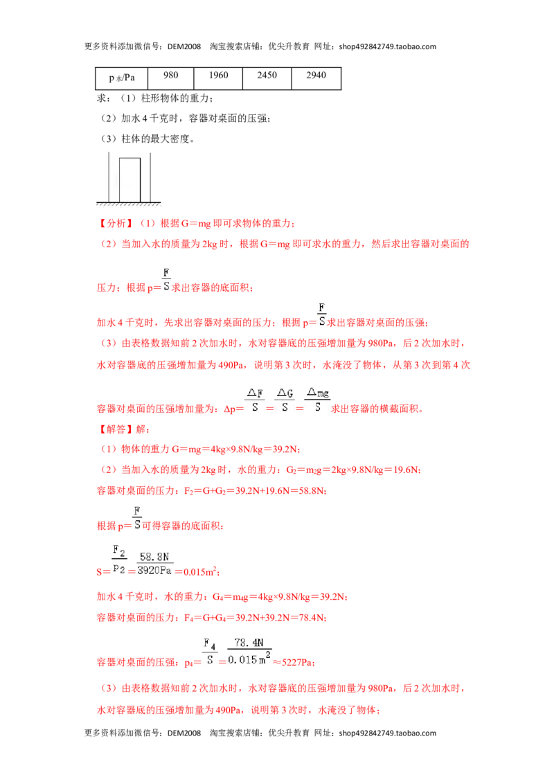 专题04利用公式法计算四种压强（解析版）_初中全科电子版试卷练习试题_物理_8年级下册物理试题_人教版物理八年级下专项练习（029份）