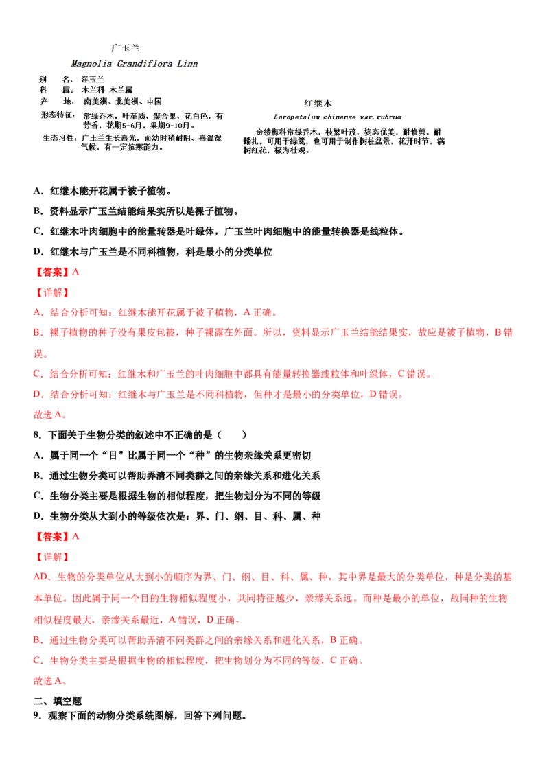 6.1.2从种到界（练习）（解析版）_初中全科电子版试卷练习试题_生物_生物8上练习_人教生物8年级上课时练习37份_第1套八年级生物上册课时练习（人教版）16份