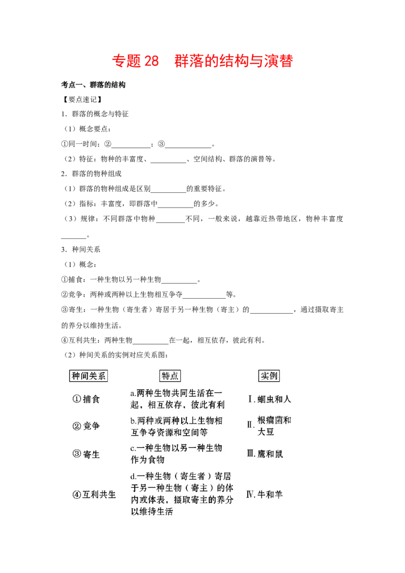 专题28群落的结构与演替（教师版）_新高考复习资料_2023年新高考复习资料_二轮复习_增分要点2023高考生物二轮复习专题解读和分层训练291073137_专题28群落的结构与演替
