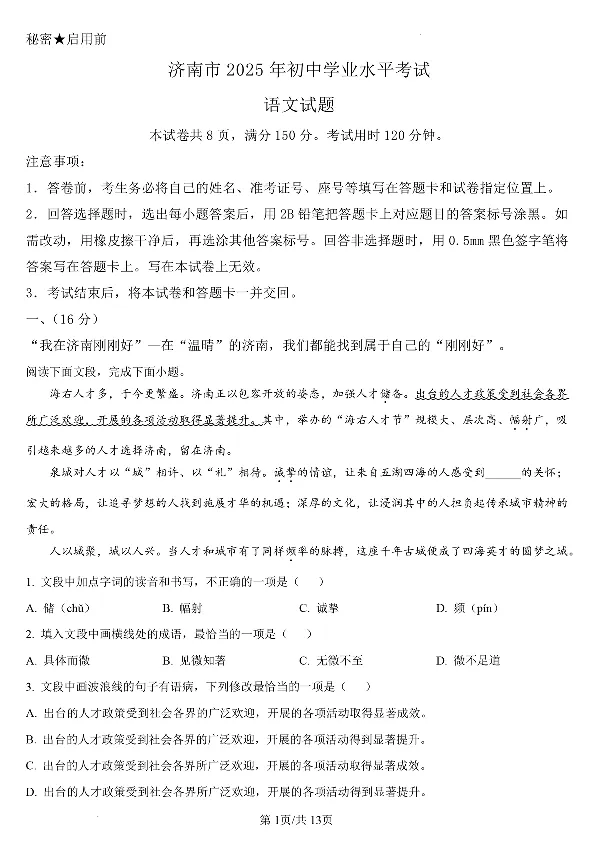 济南语文2025年山东省济南市中考语文卷（含答案）(1)_山东历年中考真题_山东省2025中考题_济南