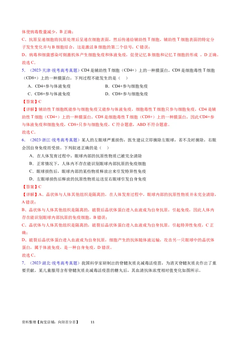 专题16免疫调节-学易金卷：五年（2019-2023）高考生物真题分项汇编（全国通用）（解析版）_通用版（老高考）复习资料_2024年复习资料