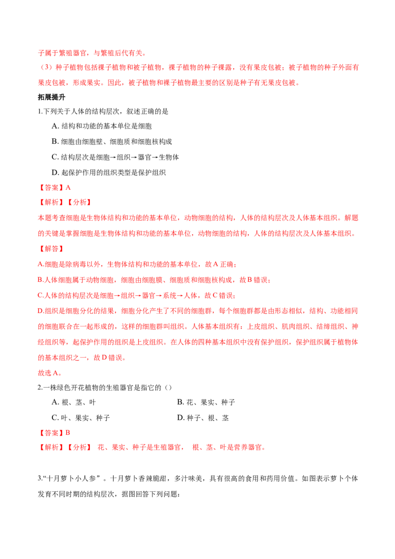 专题2.2.3植物体的结构层次（解析版）_初中全科电子版试卷练习试题_生物_生物人教版7上练习&mdash;24新版已更新_人教生物7年级上课时练习39份