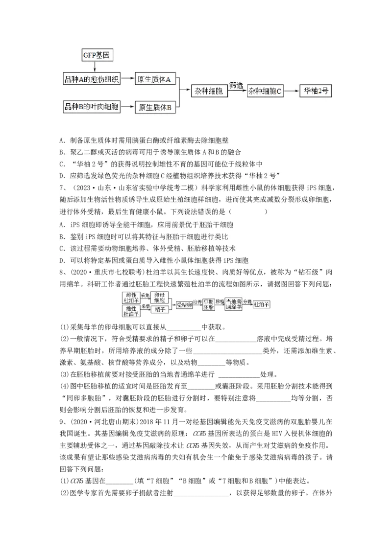 专题33细胞工程和胚胎工程（精练）（原卷版）_新高考复习资料_2024年新高考复习资料_一轮复习资料_完备战2024年高考生物一轮复习串讲精练（新高考专用）_精练