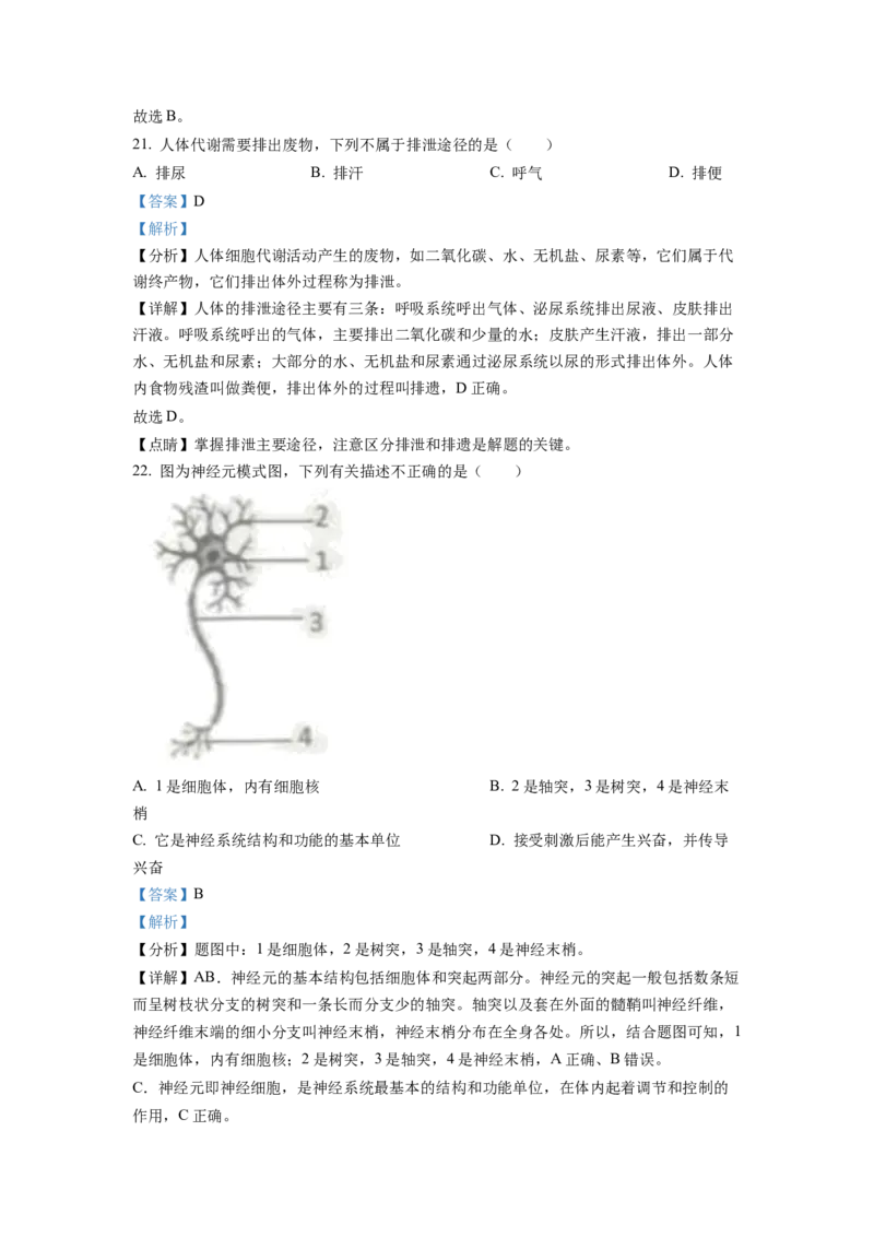 七年级下学期期末生物试题2（解析版）_初中全科电子版试卷练习试题_生物_生物人教版7下练习_人教生物7年级下期末试卷11份