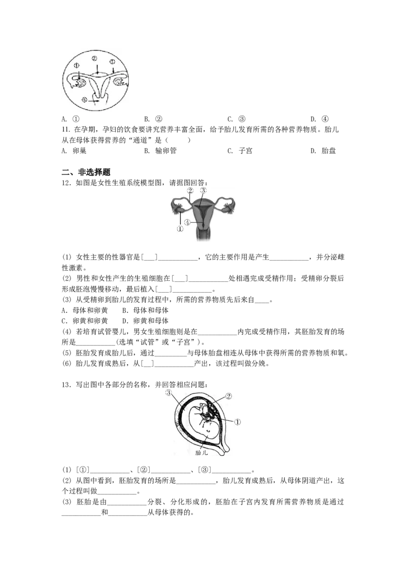 4.1.2人的生殖-（人教版）（原卷版）_初中全科电子版试卷练习试题_生物_生物人教版7下练习_人教生物7年级下课时练习40份_第1套七年级生物下册课时练习（人教版）20份