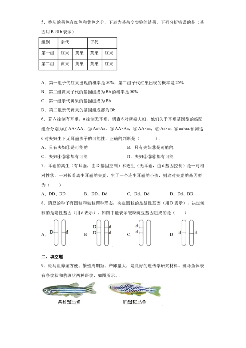 7.2.3基因的显性和隐性（练习）-（人教版）（原卷版）_初中全科电子版试卷练习试题_生物_生物8下练习_人教生物8年级下课时练习51份