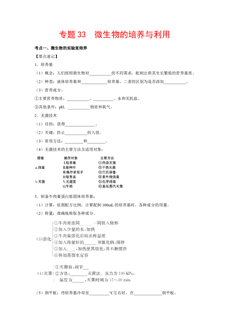 专题33微生物的培养与利用（学生版）_新高考复习资料_2023年新高考复习资料_二轮复习_增分要点2023高考生物二轮复习专题解读和分层训练291073137_专题33微生物的培养与利用