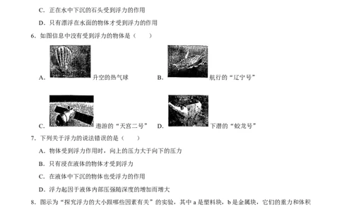 10.1浮力八年级物理下册课时同步分层训练（人教版）（原卷版）_初中全科电子版试卷练习试题_物理_8年级下册物理试题_人教版物理八年级下课时练习（045份）_课时练习第2套25份