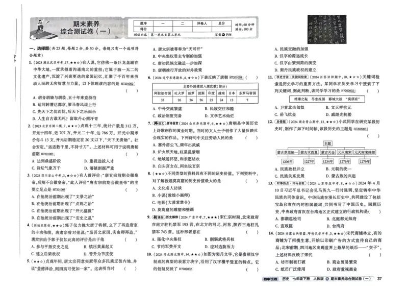 2025春53初中试卷历史人教版7年级下册_初中全科电子版试卷练习试题_初中全科《53中考试卷》2025版（多版本）_2025春53初中试卷7年级下册人教版(1)