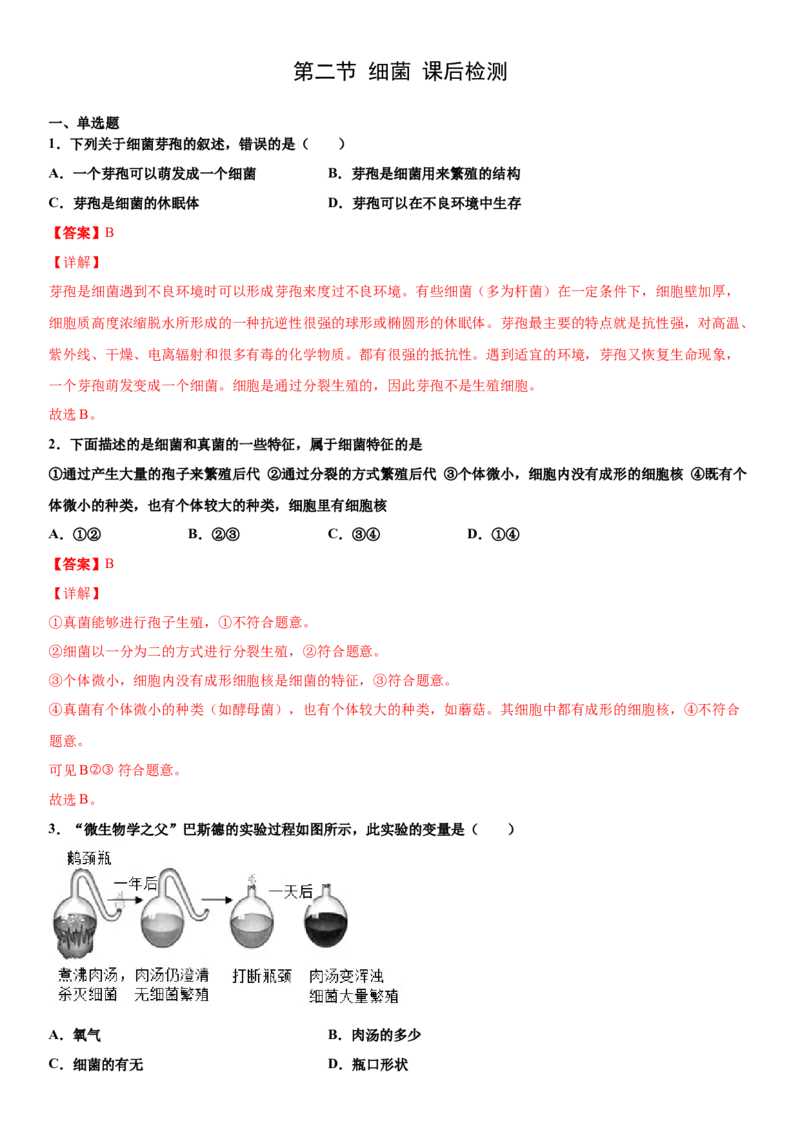 5.4.2细菌（练习）（解析版）_初中全科电子版试卷练习试题_生物_生物8上练习_人教生物8年级上课时练习37份_第1套八年级生物上册课时练习（人教版）16份