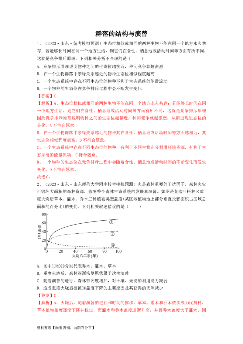 专题29群落的结构与演替（精练）（解析版）_新高考复习资料_2024年新高考复习资料_一轮复习资料_完备战2024年高考生物一轮复习串讲精练（新高考专用）_精练_解析版