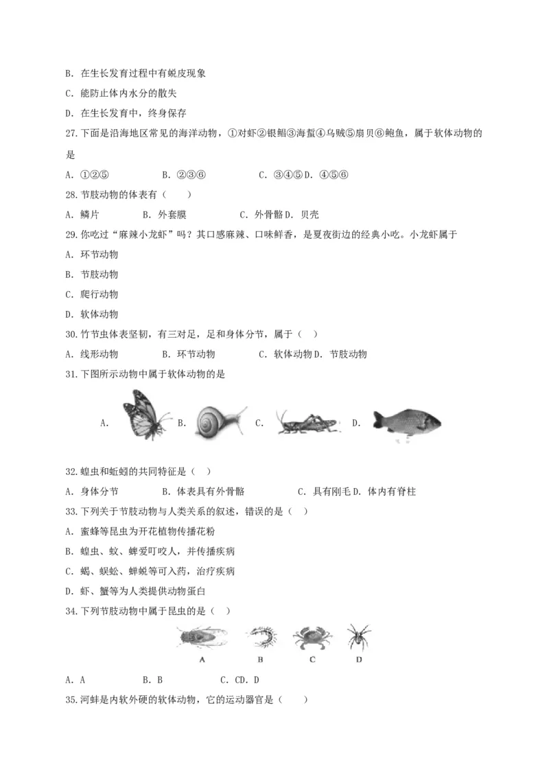 专练01（选择题45题）-八年级生物上册期中考点必杀题（人教版）（原卷版）_初中全科电子版试卷练习试题_生物_生物8上练习_人教生物8年级上专项练习23份