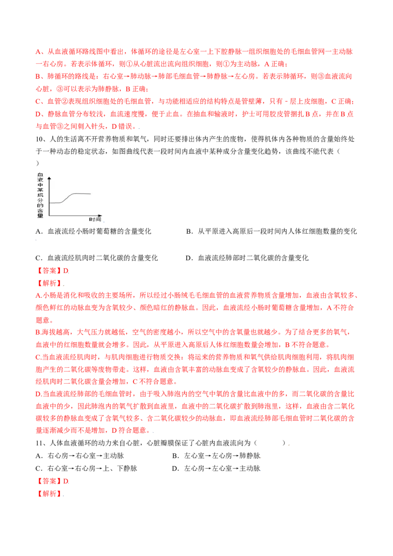 4.4.3输送血液的泵&mdash;心脏（解析版）_初中全科电子版试卷练习试题_生物_生物人教版7下练习_人教生物7年级下课时练习40份_第2套七年级生物下册课时练习（人教版）20份