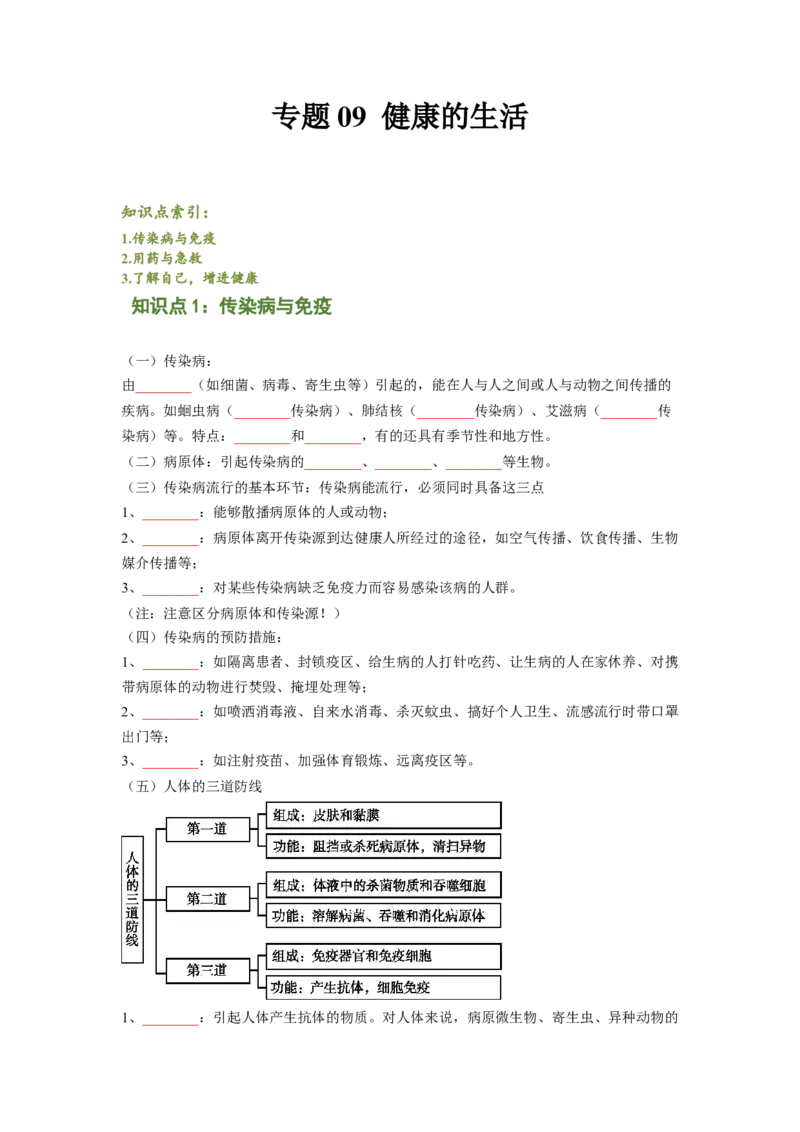 专题09健康的生活（原卷版）-2021-2022学年八年级上学期期末复习之重难点突破（人教版）_初中全科电子版试卷练习试题_生物_生物8上练习_人教生物8年级上专项练习23份