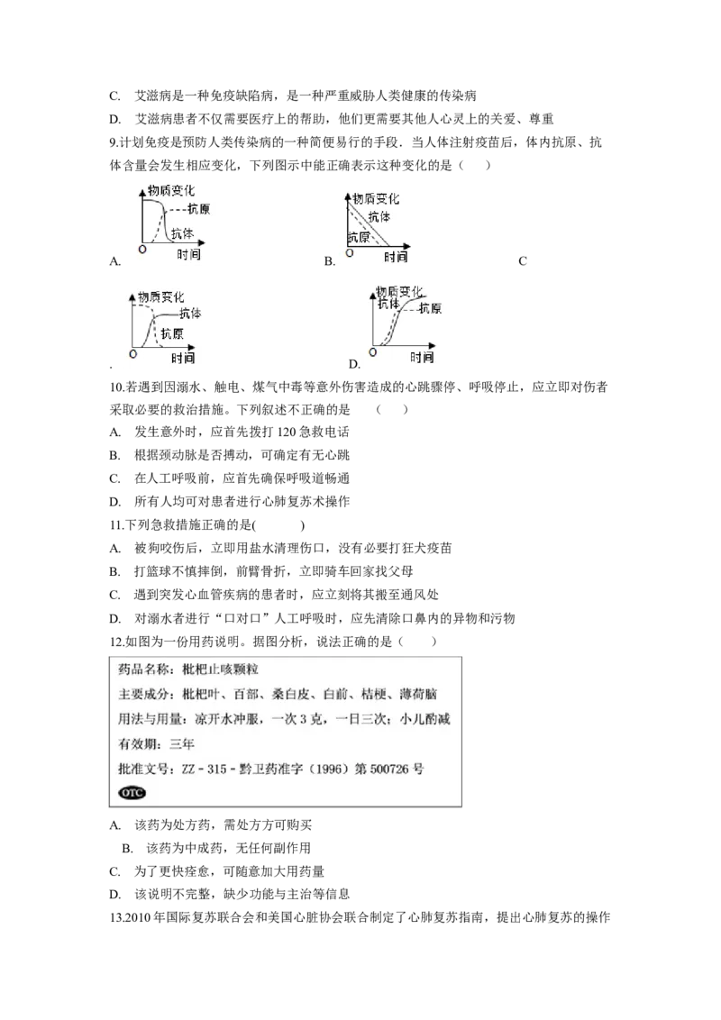 专题09健康的生活（原卷版）-2021-2022学年八年级上学期期末复习之重难点突破（人教版）_初中全科电子版试卷练习试题_生物_生物8上练习_人教生物8年级上专项练习23份