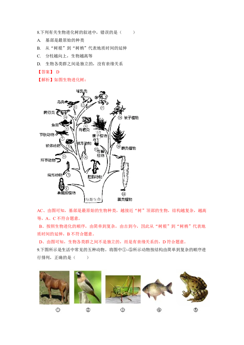 专题08生命起源和生物进化（解析版）-2021-2022学年八年级上学期期末复习之重难点突破（人教版）_初中全科电子版试卷练习试题_生物_生物8上练习_人教生物8年级上专项练习23份