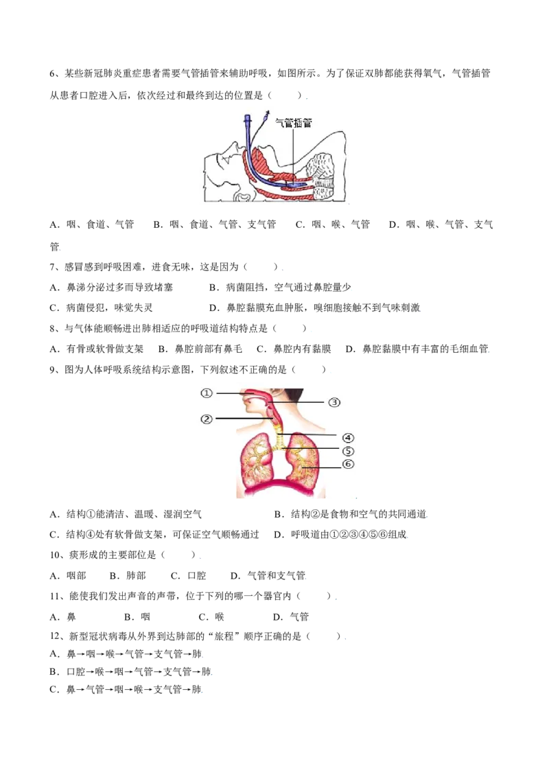 4.3.1呼吸道对空气的处理（原卷版）_初中全科电子版试卷练习试题_生物_生物人教版7下练习_人教生物7年级下课时练习40份_第2套七年级生物下册课时练习（人教版）20份