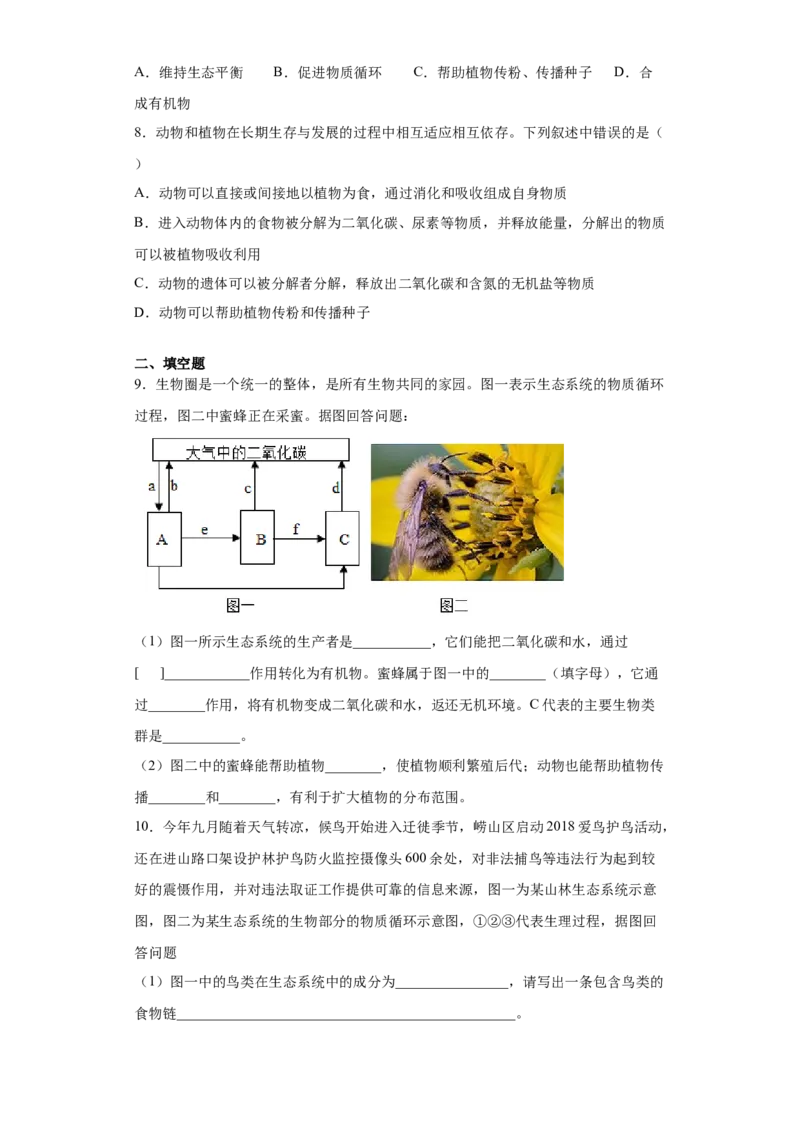 5.3动物在生物圈中的作用（练习）（原卷版）_初中全科电子版试卷练习试题_生物_生物8上练习_人教生物8年级上课时练习37份_第1套八年级生物上册课时练习（人教版）16份