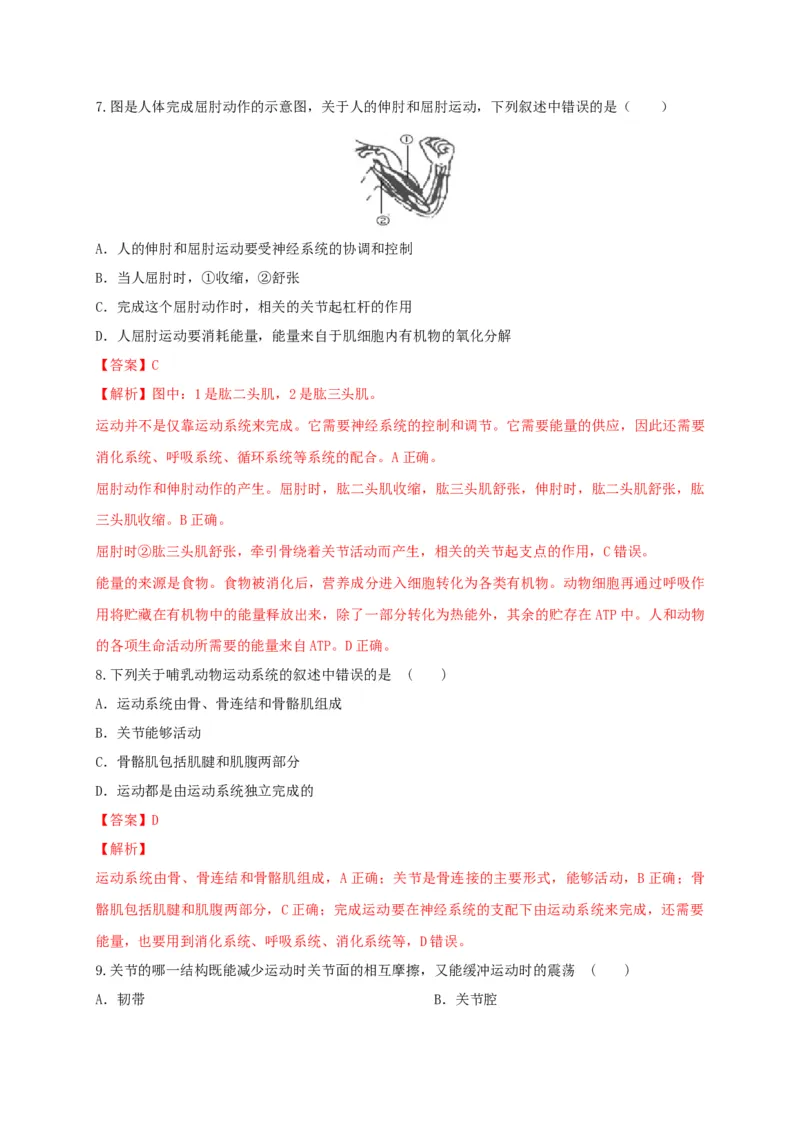 5.2.1动物的运动（备作业）-（人教版）（解析版）_初中全科电子版试卷练习试题_生物_生物8上练习_人教生物8年级上课时练习37份