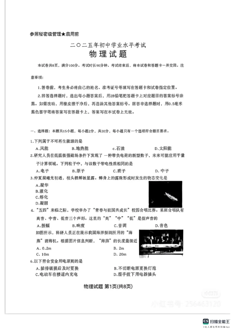 2025年山东省统考物理真题原卷_山东历年中考真题_山东省2025中考题_山东省统考（临沂、枣庄、聊城、菏泽）_物理（真题+答案）