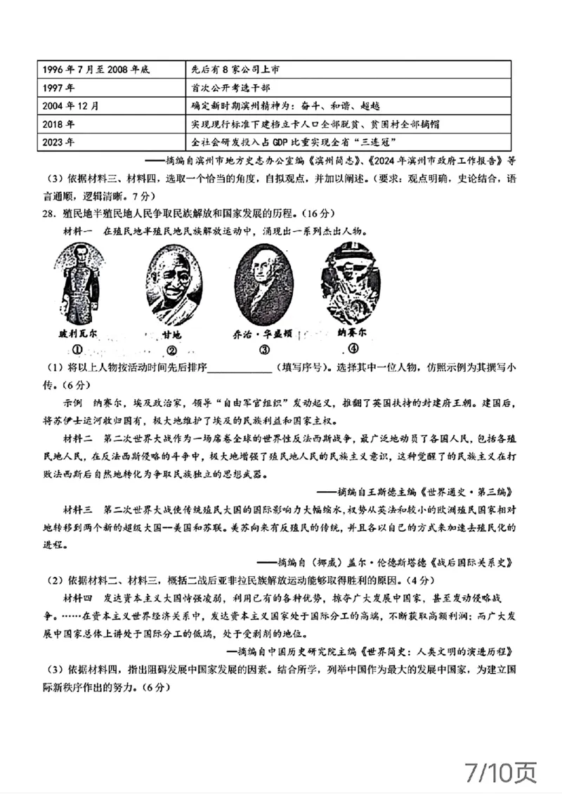 2024年山东省滨州市中考历史真题及答案_山东历年中考真题_山东省历年中考真题2013~2024_初中历史历年真题（2013-2024）