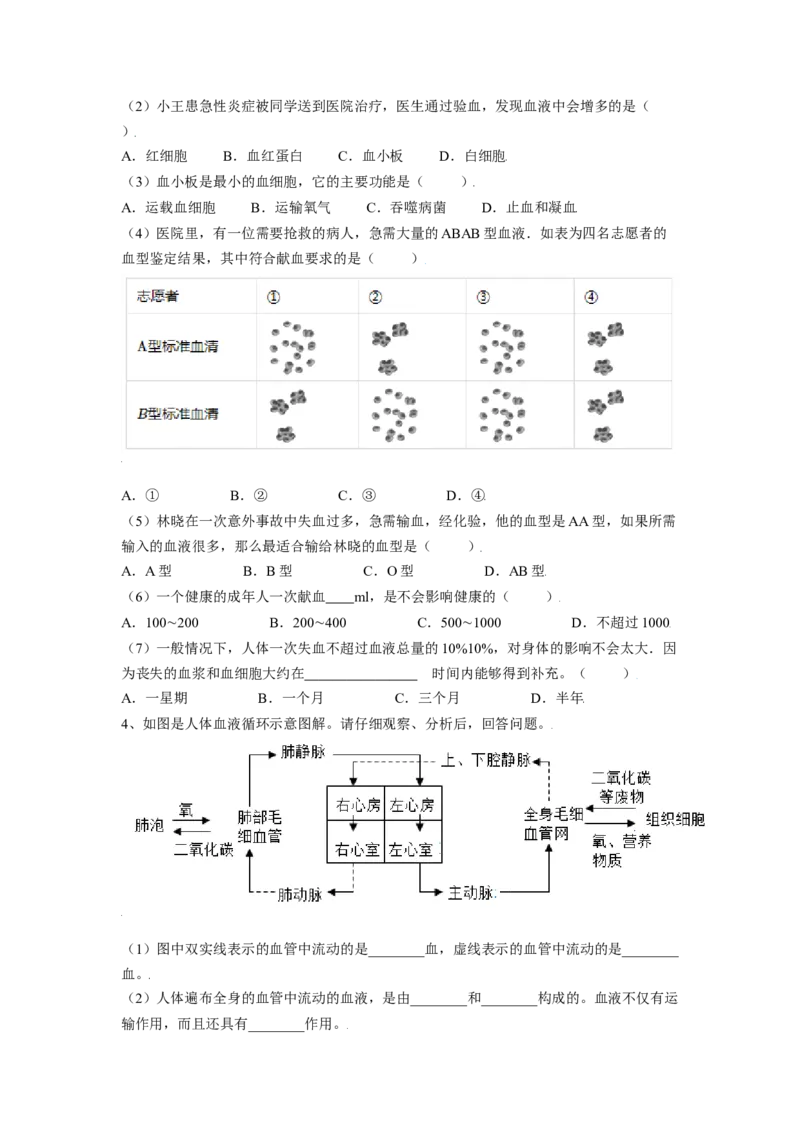 4.4.4输血与血型（原卷版）_初中全科电子版试卷练习试题_生物_生物人教版7下练习_人教生物7年级下课时练习40份_第2套七年级生物下册课时练习（人教版）20份