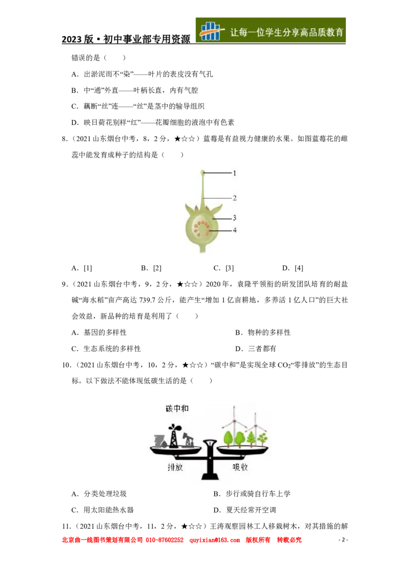 生物&mdash;&mdash;山东省烟台市pdf版，含答案全解全析(1)_山东历年中考真题_山东省历年中考真题2013~2024_初中生物历年真题（2013-2024）