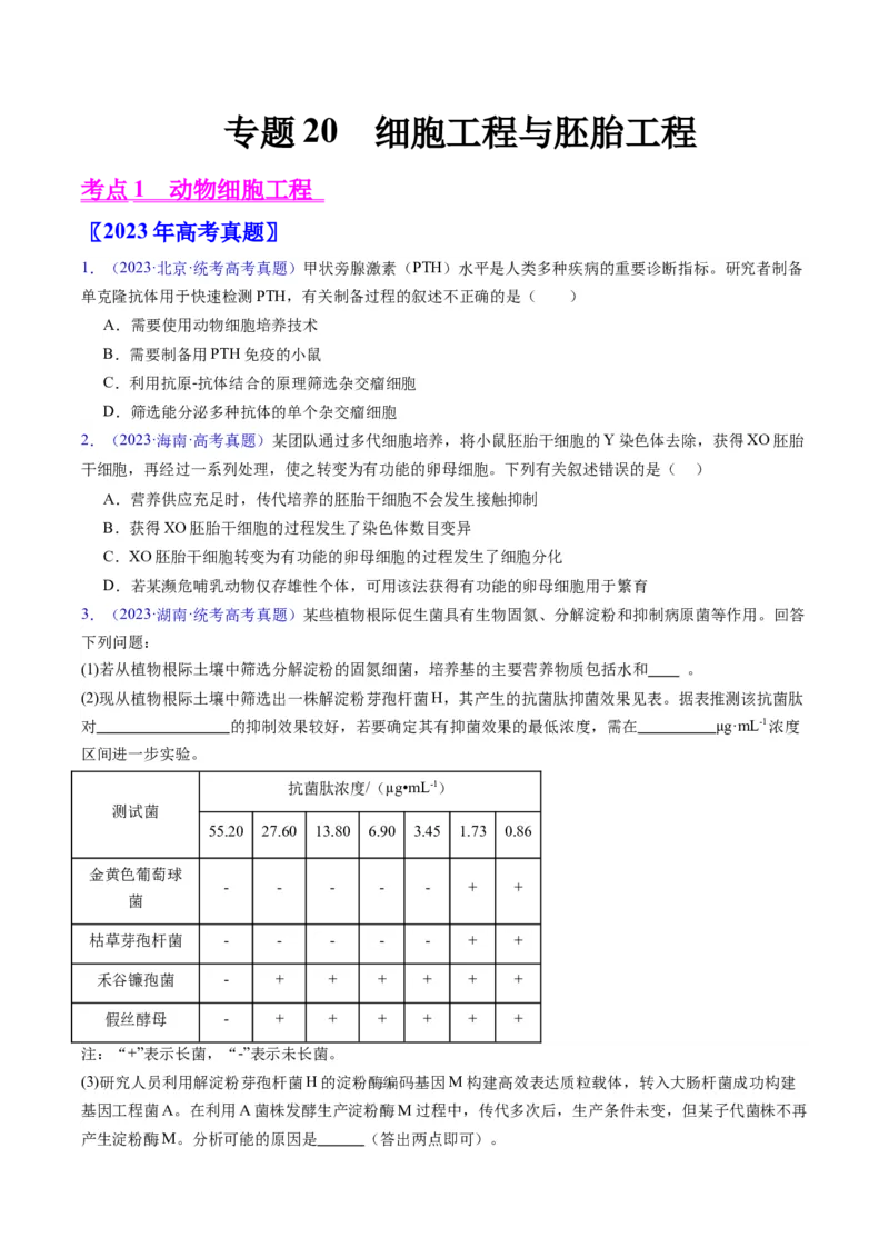 专题20细胞工程与胚胎工程-学易金卷：五年（2019-2023）高考生物真题分项汇编（全国通用）（原卷版）_通用版（老高考）复习资料_2024年复习资料
