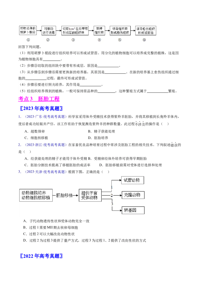 专题20细胞工程与胚胎工程-学易金卷：五年（2019-2023）高考生物真题分项汇编（全国通用）（原卷版）_通用版（老高考）复习资料_2024年复习资料