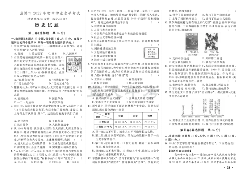 2022年淄博市初中学业水平考试历史_山东历年中考真题_山东省历年中考真题2013~2024_初中历史历年真题（2013-2024）